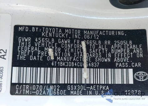 2012 Toyota Avalon Limited из США, поврежденный, VIN 4T1BK3DB4CU464837